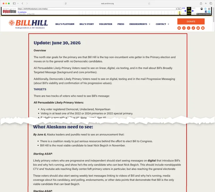 Archived Wayback Machine capture of the hidden campaign page.