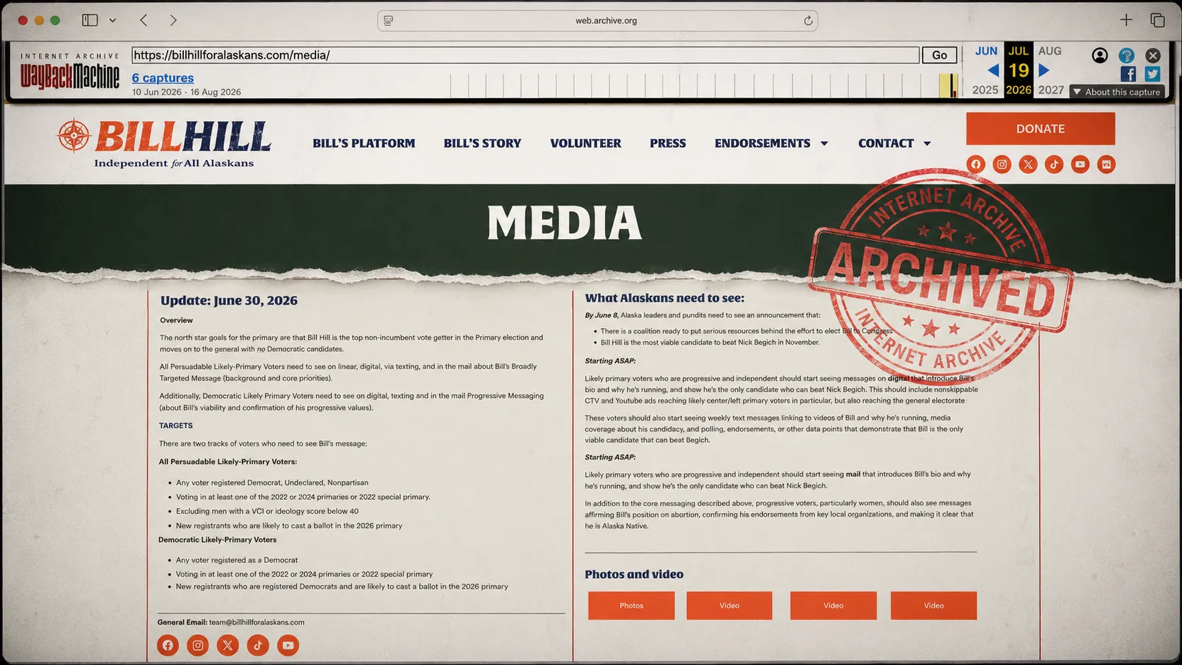 Wayback Machine archive of the hidden BILLHILL campaign 'Media' page, stamped ARCHIVED.