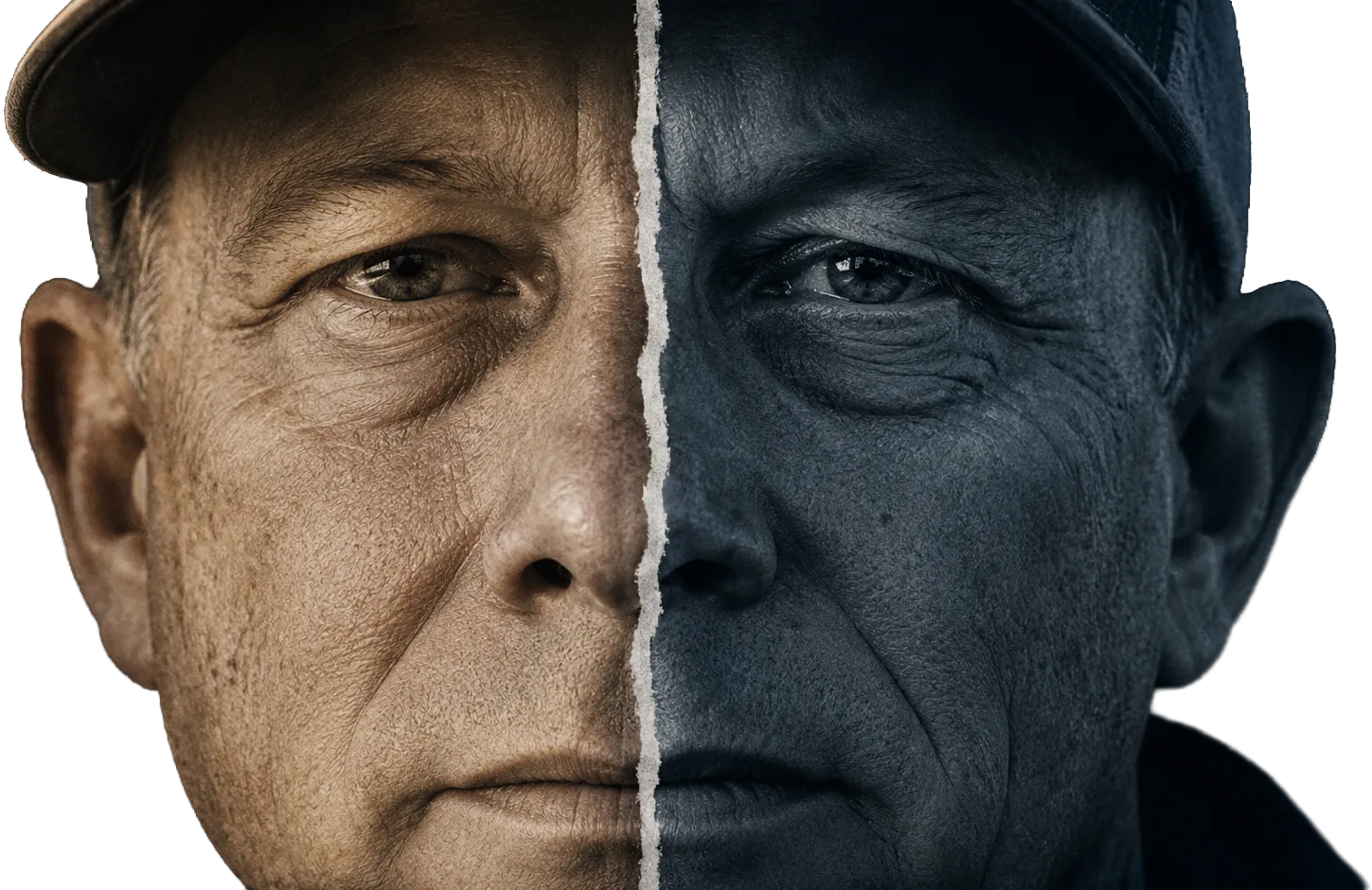 A single face split down the middle into a warm-lit half and a cold, shadowed half - two contradictory images of the same man.